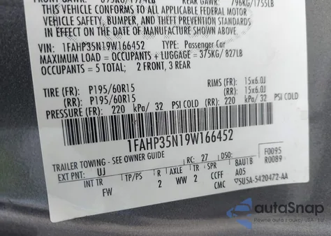2009 Ford Focus Se z USA, uszkodzony, nr VIN 1FAHP35N19W166452